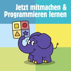 Logo mit blauem Elefanten und Programmierkarte